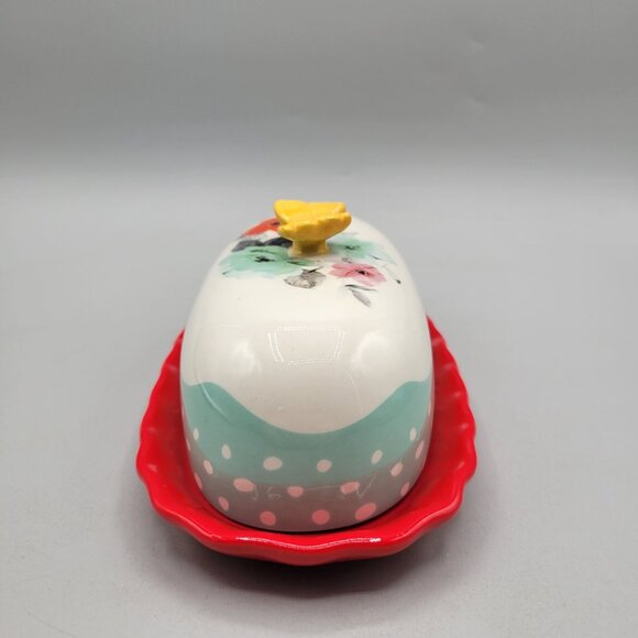 Pioneer Woman Butter Dish Floral Ceramic Butterfly Top Lid and Red Tray - Picture 5 of 10